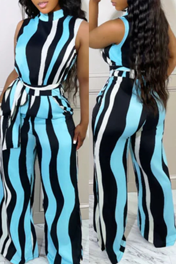 Blue Fashion Casual Striped Print With Belt Half A Turtleneck Regular Jumpsuits