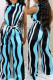 Blue Fashion Casual Striped Print With Belt Half A Turtleneck Regular Jumpsuits