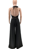 Pink Casual Solid Patchwork Halter Loose Jumpsuits