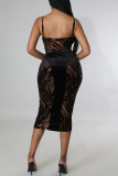 Black Fashion Sexy Print Backless Spaghetti Strap Sleeveless Dress