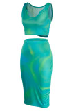 Green Sexy Print Patchwork U Neck Sleeveless Two Pieces