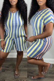 Blue Fashion Casual Striped Print Basic V Neck Regular Romper