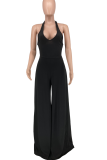 Pink Casual Solid Patchwork Halter Loose Jumpsuits