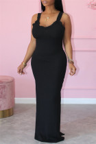 Black Sexy Casual Solid Backless Slit Spaghetti Strap Long Dress