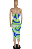 Fluorescent Green Sexy Print Patchwork Strapless Sleeveless Two Pieces