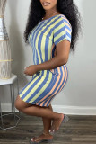 Blue Fashion Casual Striped Print Basic V Neck Regular Romper