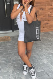 White Fashion Sexy Letter Print Ripped V Neck Vest Dress