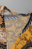 Black Yellow Fashion Sexy Print Hollowed Out Swimwears Set  (Without Paddings)