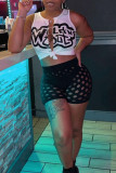 Black Sexy Print Bandage Hollowed Out Patchwork Short Sleeve Two Pieces