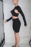Rose Red Sexy Solid Patchwork Asymmetrical U Neck Long Sleeve Two Pieces