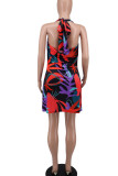 Red Sexy Print Bandage Patchwork Backless Halter A Line Dresses