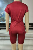 Red Sexy Street Print Patchwork Slit O Neck Two Pieces