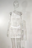 Light Green Fashion Sexy Solid See-through Backless One Shoulder Sleeveless Dress