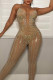 Apricot Casual Solid Patchwork See-through Hot Drill Spaghetti Strap Skinny Jumpsuits