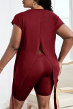 Red Sexy Street Print Patchwork Slit O Neck Two Pieces