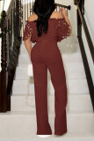 Turquoise Elegant Solid Hollowed Out Patchwork Off the Shoulder Straight Jumpsuits