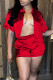 Red Casual Solid Patchwork Buckle Turndown Collar Short Sleeve Two Pieces