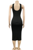 Black Sexy Solid Hollowed Out Patchwork Spaghetti Strap Pencil Skirt Dresses