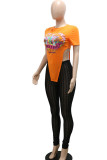 Blue Casual Print Patchwork Asymmetrical O Neck T-Shirts