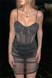 White Fashion Sexy Solid Patchwork See-through Backless Spaghetti Strap Sleeveless Dress