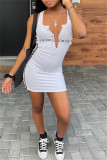 White Fashion Sexy Letter Print Ripped V Neck Vest Dress