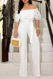Turquoise Elegant Solid Hollowed Out Patchwork Off the Shoulder Straight Jumpsuits