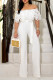 White Elegant Solid Hollowed Out Patchwork Off the Shoulder Straight Jumpsuits