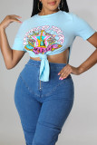 Blue Casual Print Patchwork Asymmetrical O Neck T-Shirts