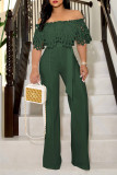 Turquoise Elegant Solid Hollowed Out Patchwork Off the Shoulder Straight Jumpsuits