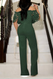 Turquoise Elegant Solid Hollowed Out Patchwork Off the Shoulder Straight Jumpsuits