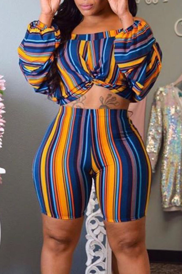 Tibetan Blue Casual Striped Print Patchwork Off the Shoulder Long Sleeve Two Pieces