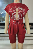 Red Sexy Street Print Patchwork Slit O Neck Two Pieces