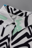 White Fashion Casual Print Patchwork Turndown Collar Shirt Dress