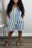 Blue Fashion Casual Striped Print Basic V Neck Regular Romper