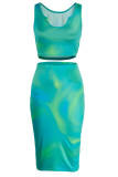 Green Sexy Print Patchwork U Neck Sleeveless Two Pieces