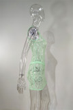 Light Green Fashion Sexy Solid See-through Backless One Shoulder Sleeveless Dress