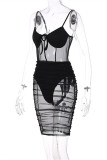 White Fashion Sexy Solid Patchwork See-through Backless Spaghetti Strap Sleeveless Dress