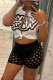 Black Sexy Print Bandage Hollowed Out Patchwork Short Sleeve Two Pieces