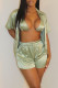 Cyan Casual Solid Patchwork Turndown Collar Short Sleeve Three Pieces