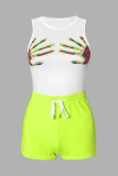 Fluorescent Green Fashion Print Patchwork O Neck Sleeveless Two Pieces