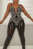 Apricot Casual Solid Patchwork See-through Hot Drill Spaghetti Strap Skinny Jumpsuits