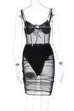 White Fashion Sexy Solid Patchwork See-through Backless Spaghetti Strap Sleeveless Dress