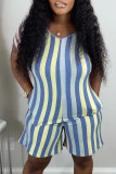 Blue Fashion Casual Striped Print Basic V Neck Regular Romper