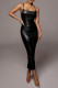 Black Sexy Solid Patchwork Fold Spaghetti Strap One Step Skirt Dresses