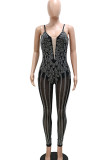 Apricot Casual Solid Patchwork See-through Hot Drill Spaghetti Strap Skinny Jumpsuits