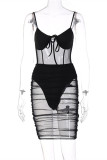 White Fashion Sexy Solid Patchwork See-through Backless Spaghetti Strap Sleeveless Dress
