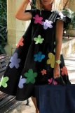 Pink Casual Print Flounce O Neck Cake Skirt Dresses