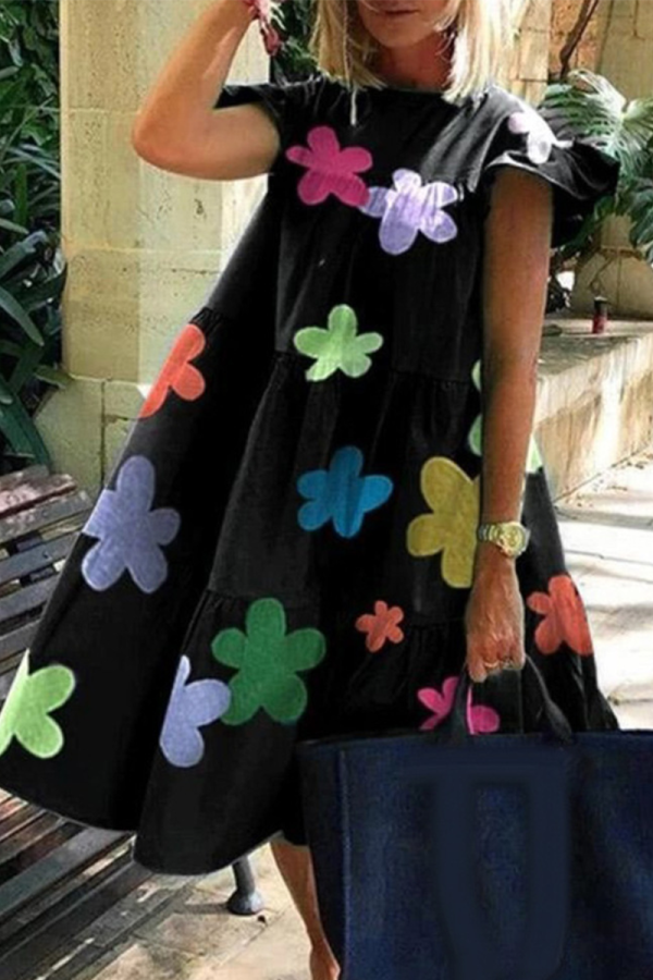 Black Casual Print Flounce O Neck Cake Skirt Dresses