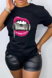 White Fashion Casual Lips Printed Patchwork O Neck T-Shirts