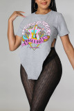 Blue Casual Print Patchwork Asymmetrical O Neck T-Shirts